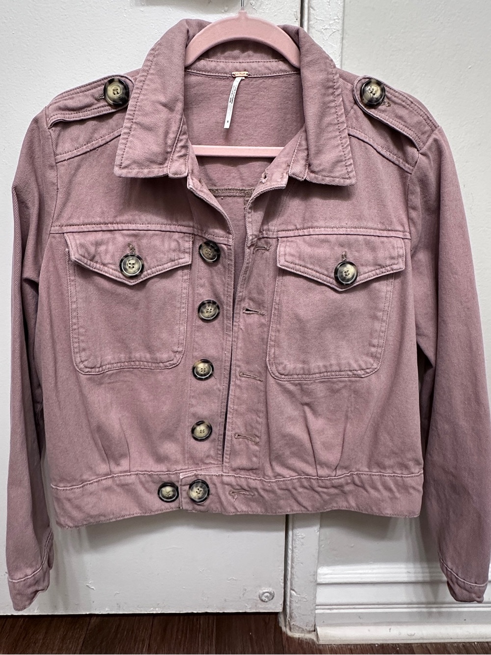 Free People “Eisenhower” Denim Button-Up Jacket (Dusty Pink/Mauve)